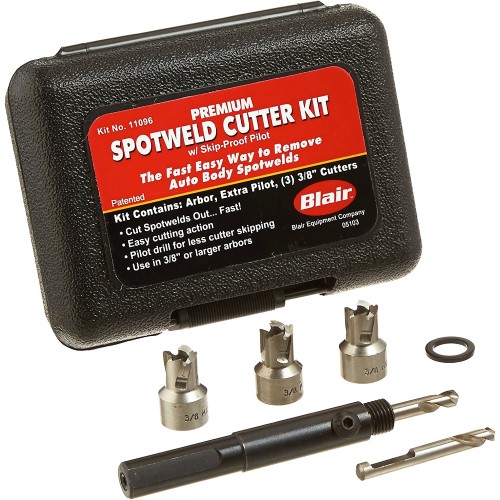 Blair 11096 3/8" Premium Spotweld Cutter Kit with Skip-Proof Pilot Closed with the Kit Contents Layed out
