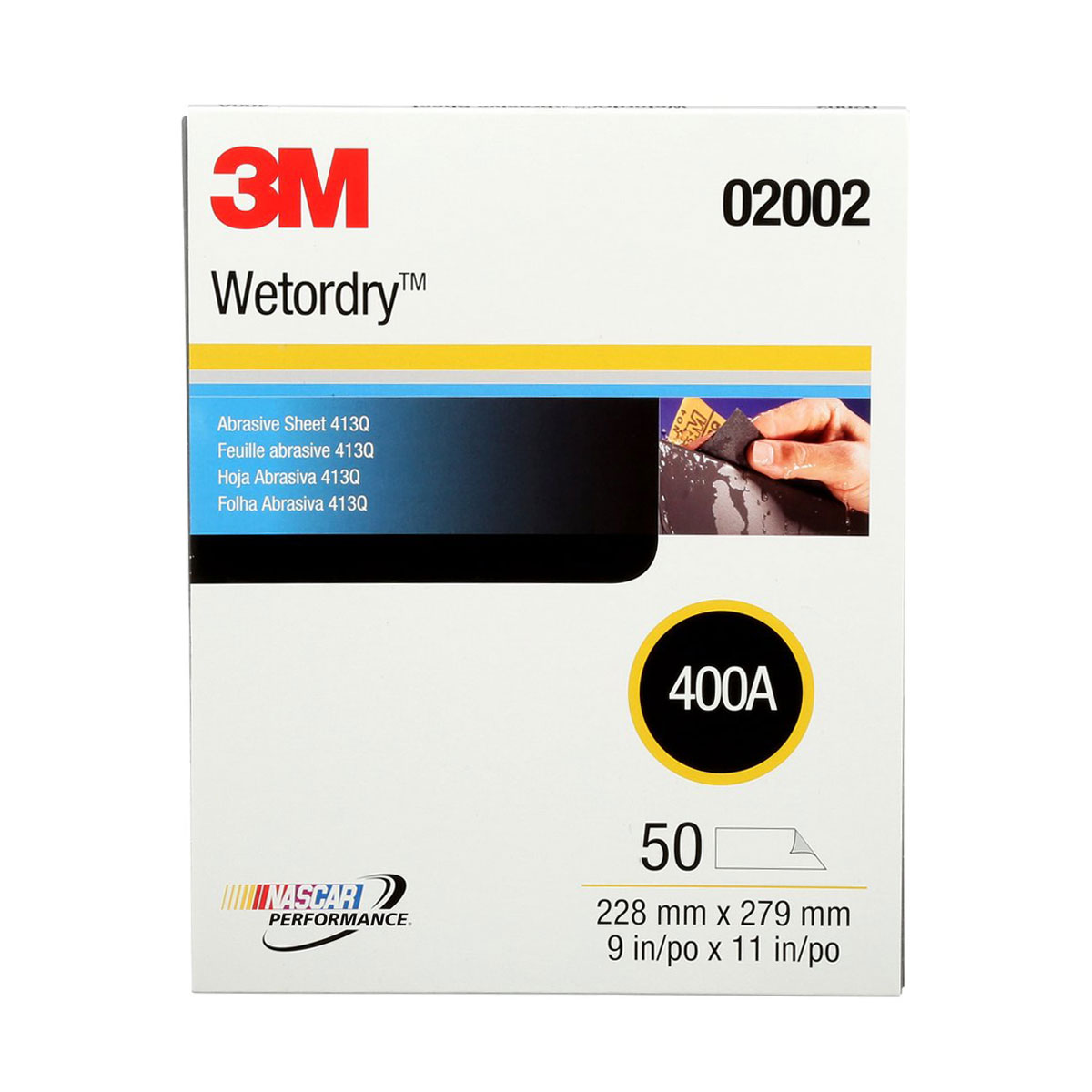 3M Wetordry Tri-M-Ite 02002 413Q Series Abrasive Sheets, 9 in W x 11 in L, 400 Grit, Medium Grade, Black, 50 sheets/PKG