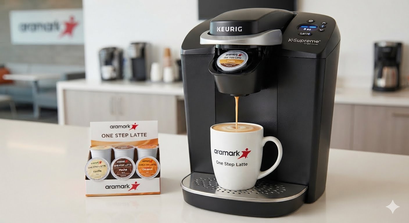 Aramark One Step Latte brewing fresh in a branded mug beside the K-Cup pods