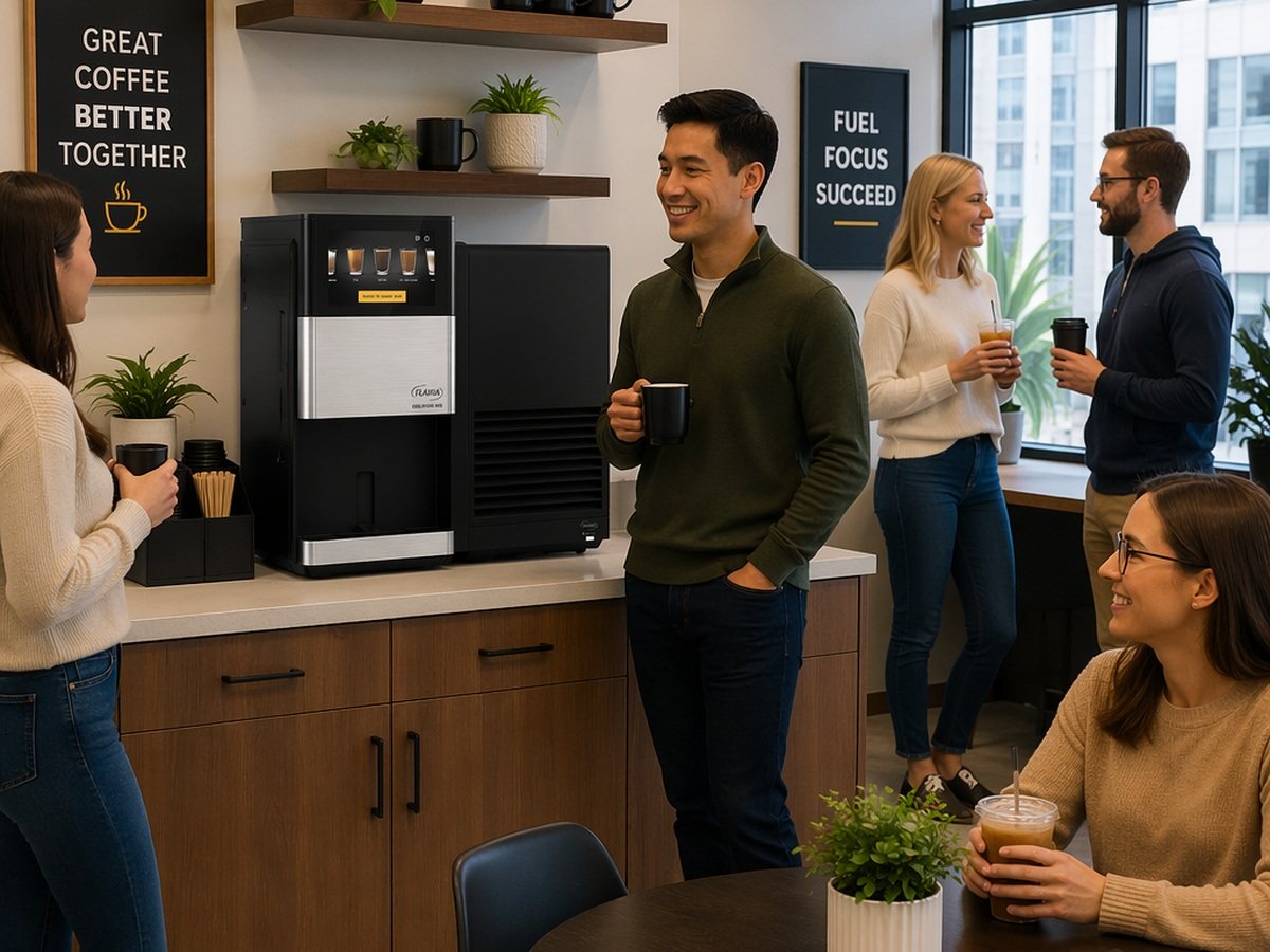 Coworkers with hot and iced drinks in a stocked dealership breakroom